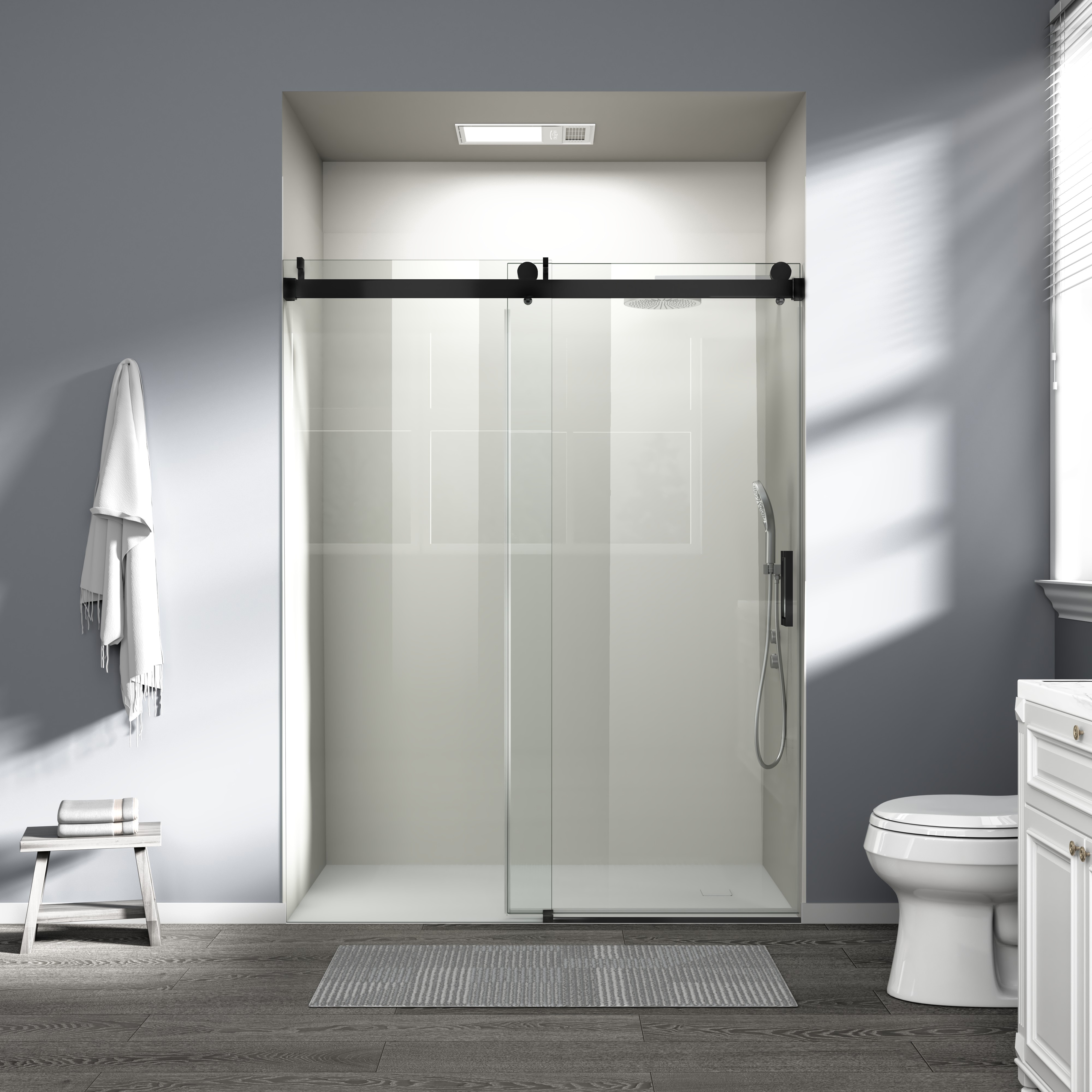Frameless Single Sliding Shower Door Matte Black Tempered Glass_voghion.com